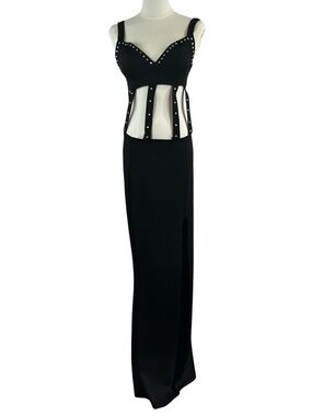 Roma Costume Black Studded Cotout Maxi Dress with Side Slit Y2K Glam Clubwear